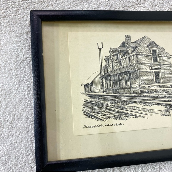 Vintage Orangedale Nova Scotia Framed Black and White Train Station Sketch - Picture 4 of 14